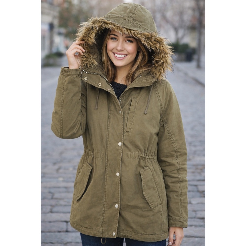 GAP Women's Olive Green Utility Parka Coat Faux Fur Hood Lined  S Y2K‎ Aesthetic